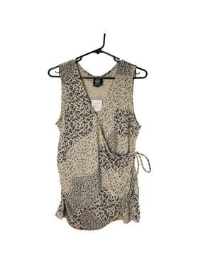 NWT Bobeau Floral Wrap Blouse Ruched V Neck Sleeveless Biege Blue Women's L